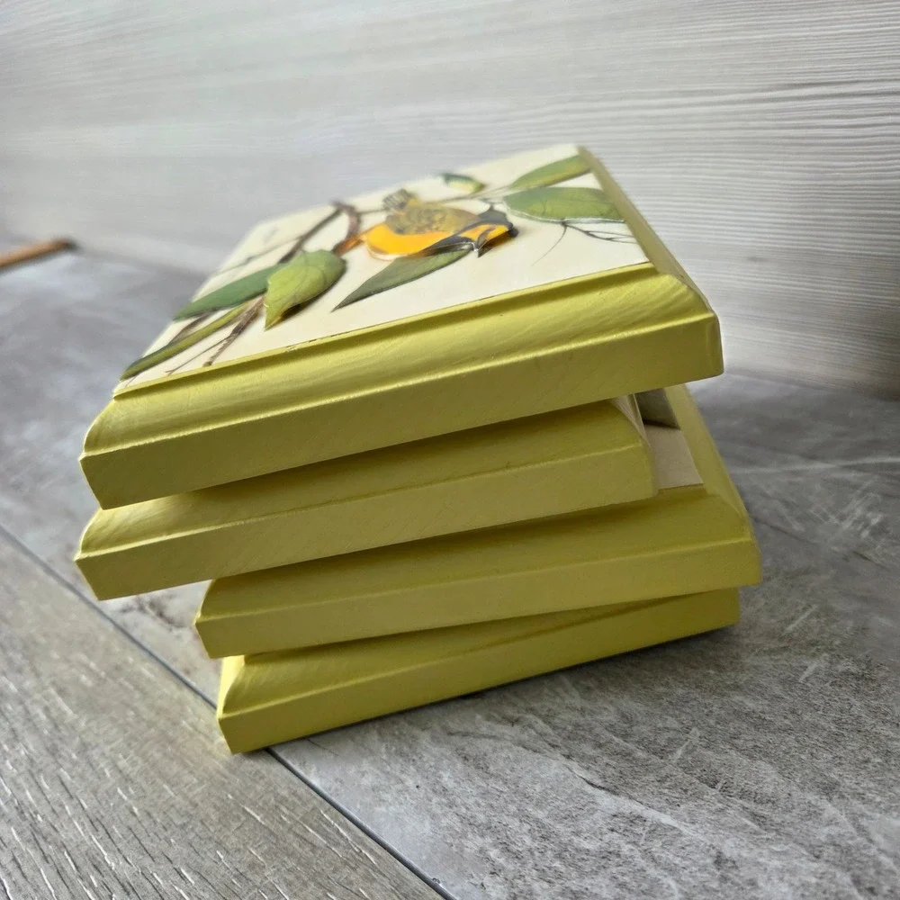 Vintage 1973‎ 3D Paper Tole Bird Wall Art Set 4 Wood Plaques Yellow Cottagecore